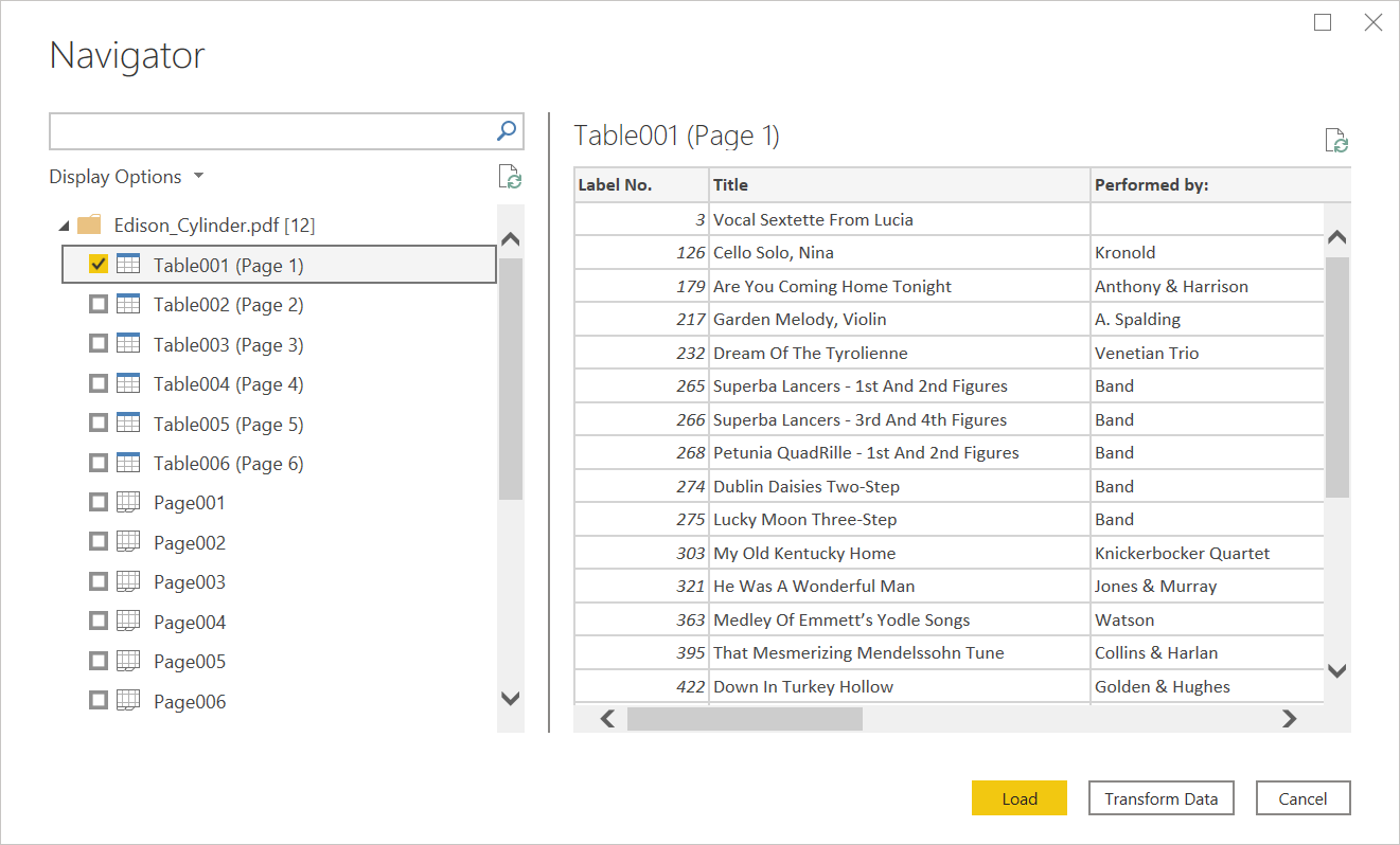 PDF file imported into Power Query Desktop Navigator.