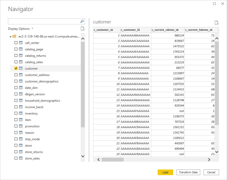 Select tables in the Navigator dialog and select Load.