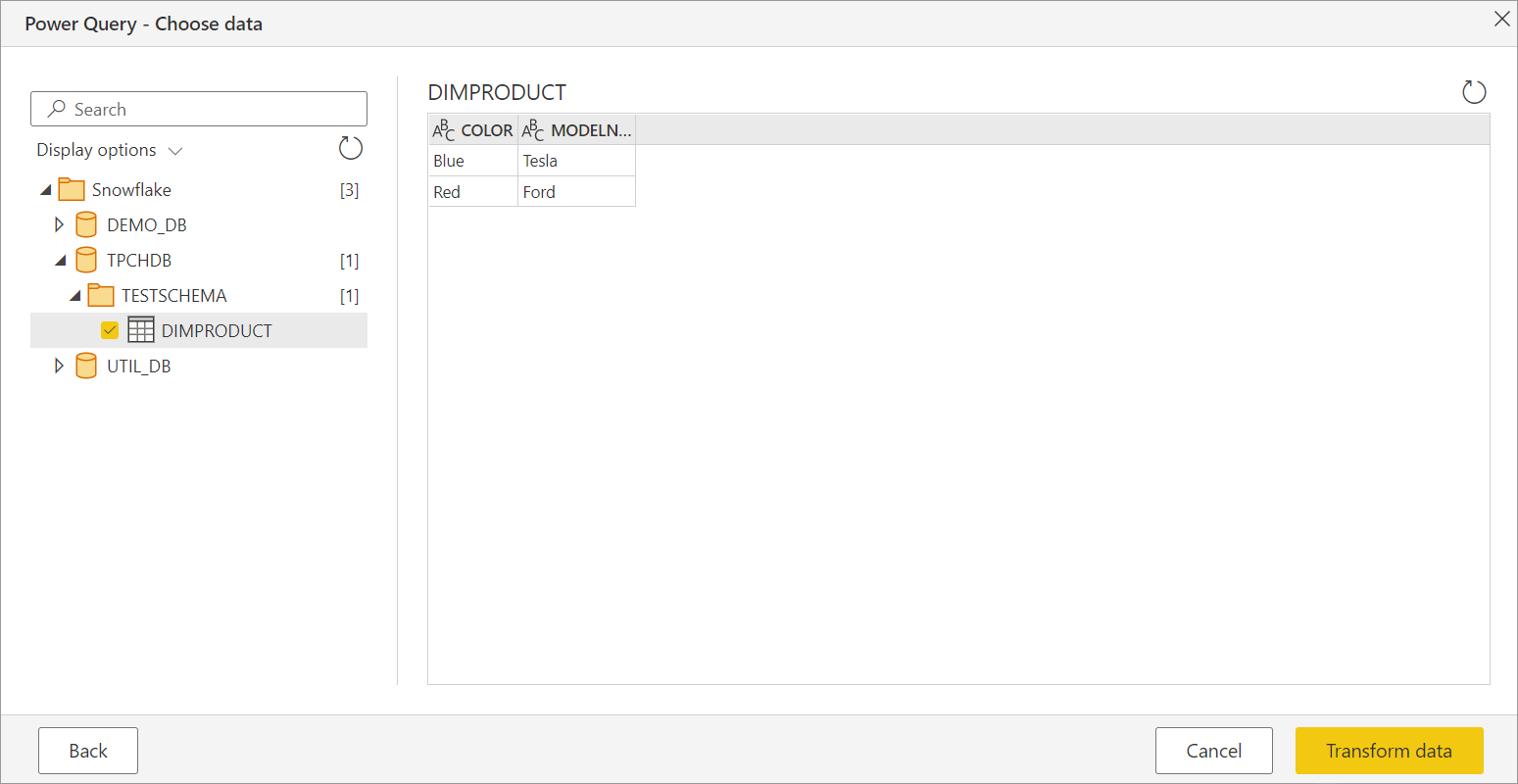 Screenshot of the online Navigator with the test schema database open and the DimProduct table selected.