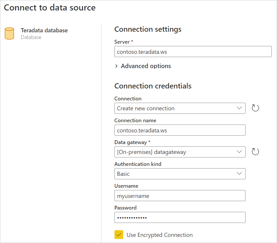 Enter Teradata database online connection.