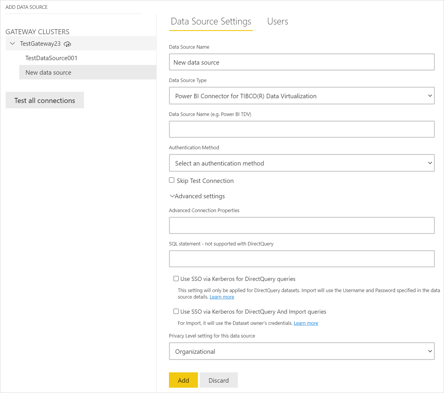 Add data source dialog showing the Kerberos advanced settings in TDV.