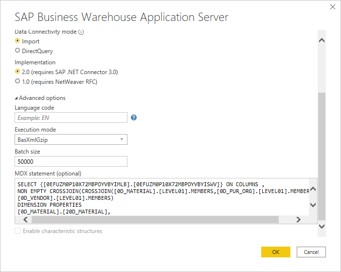 Example MDX statement shown in MDX statement option.