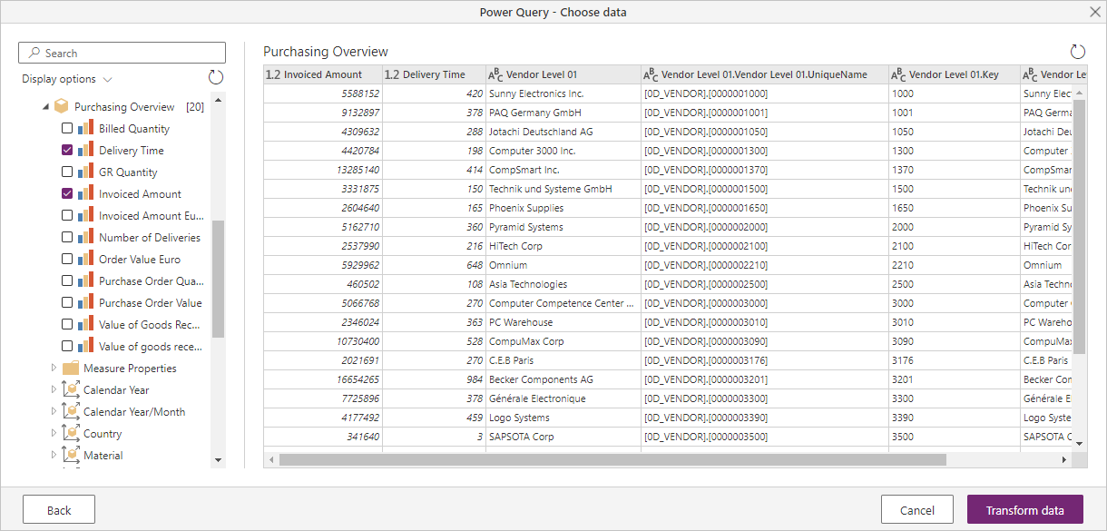 SAP BW Message Server Navigator view from Power Query Online.