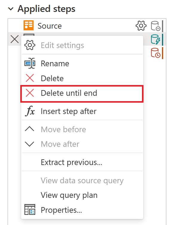 Screenshot of the step menu with the delete until end option emphasized.