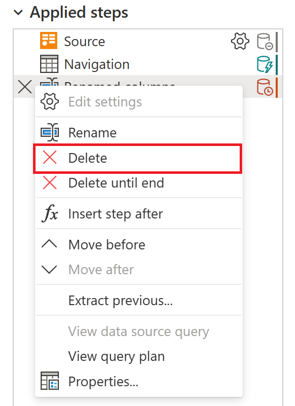 Screenshot of the step menu with the delete option emphasized.