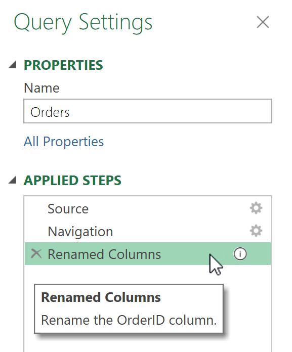 Screenshot of the Query settings pane with the description icon and the cursor hovering over a step to reveal the step name and step description.