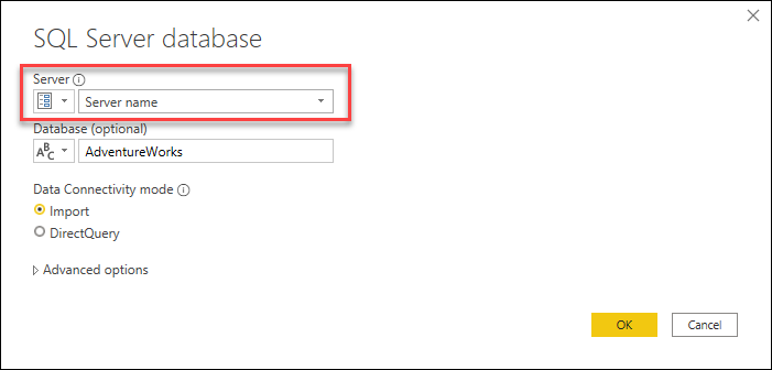 SQL Server database dialog with parameter for server name.