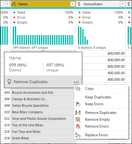 Screenshot of the data profiling tools with the column distributions options emphasized.