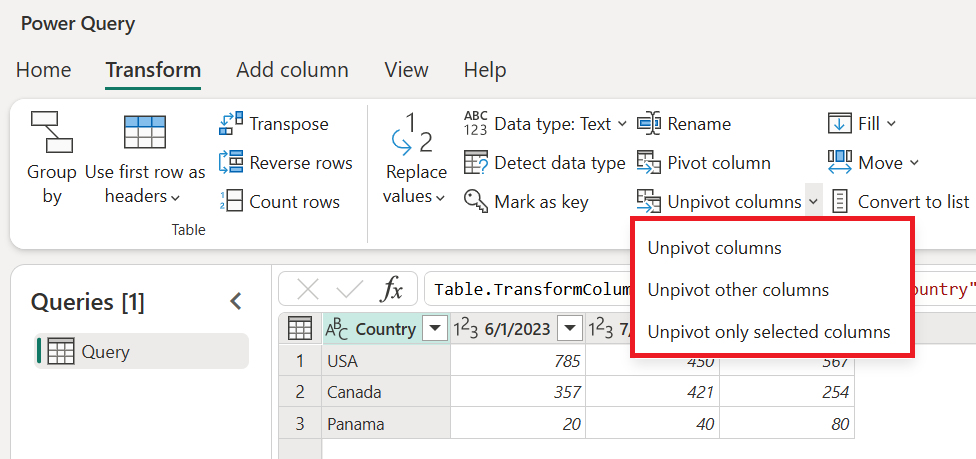 Screenshot of the Unpivot columns command on the Transform tab.