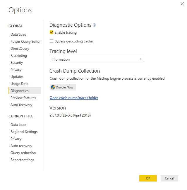 Enable tracing in Power Query.