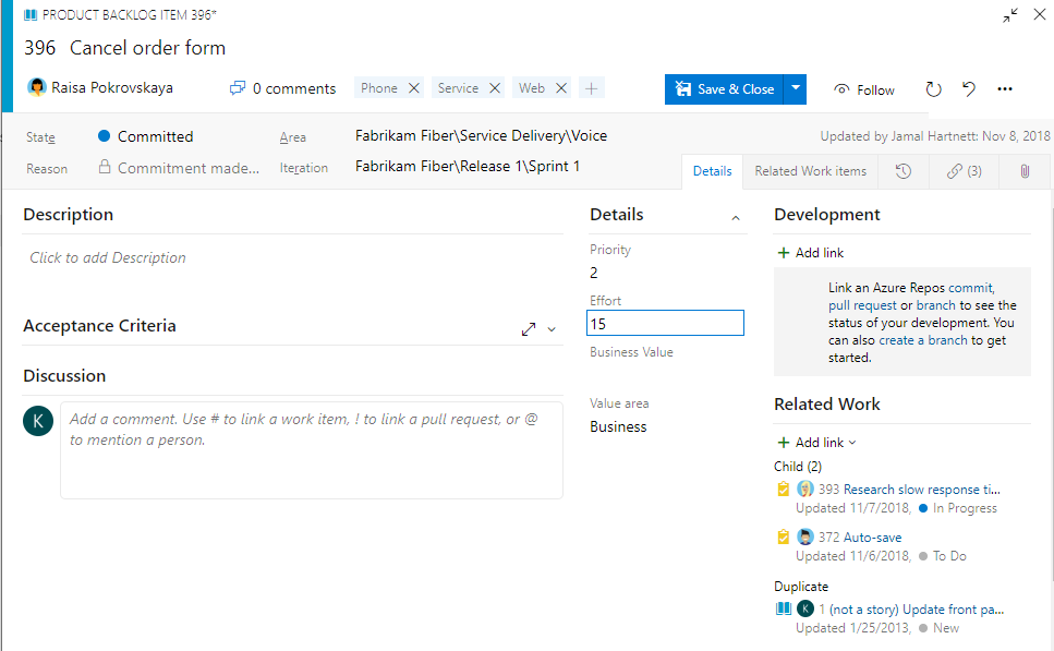 Screenshot of Scrum Product Backlog work item form, add details.