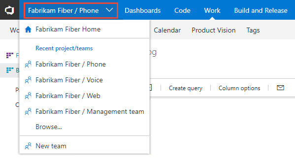 Screenshot of Choose another team, TFS-2018 version.