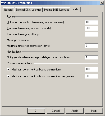 Transport server properties limits tab