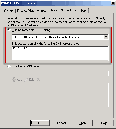 Internal DNS Lookups set to use network adapter