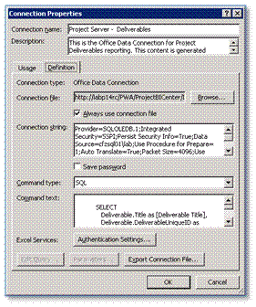 Connection Properties for Deliverables Sample Rept