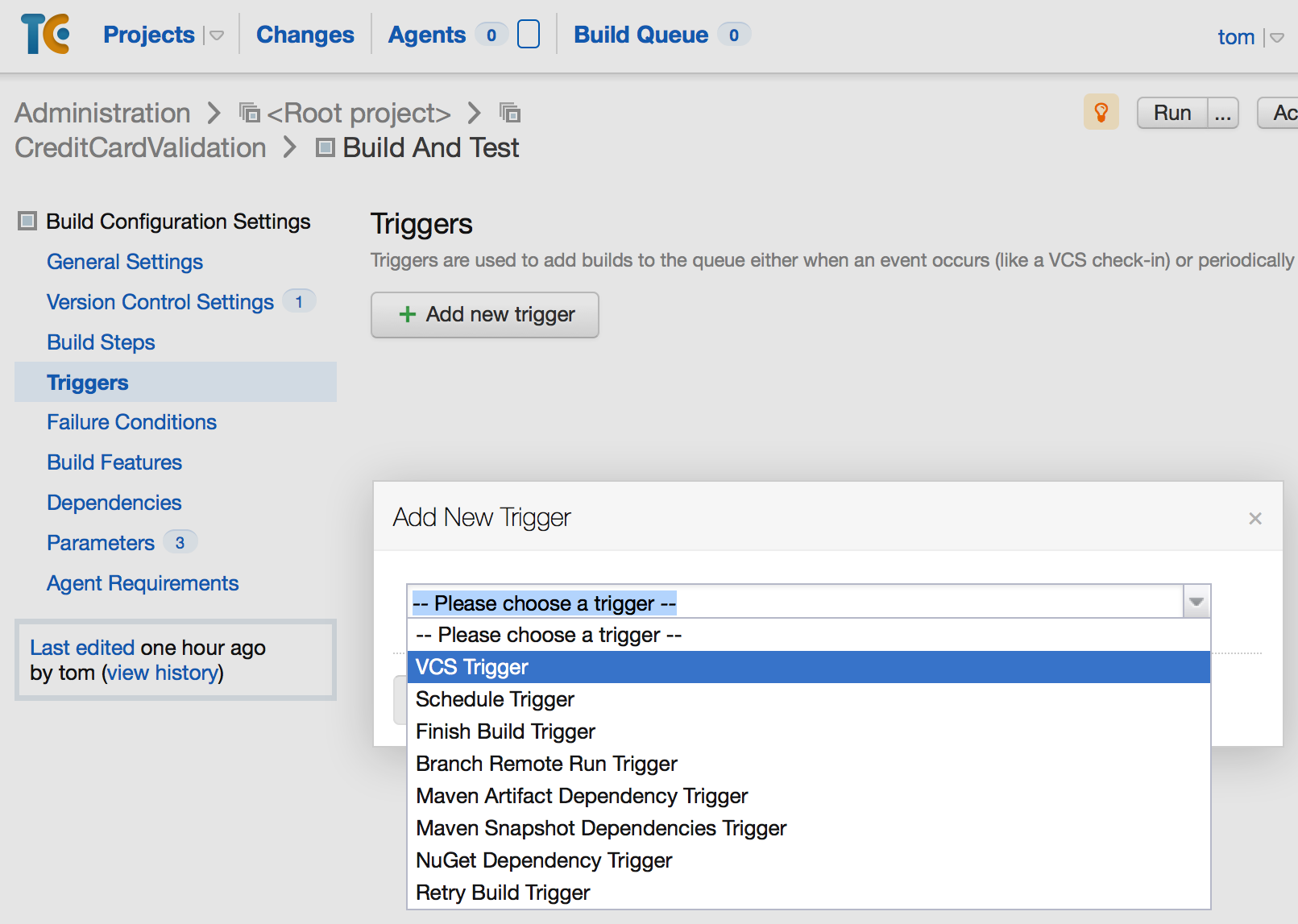 This screenshot shows how to add a build trigger