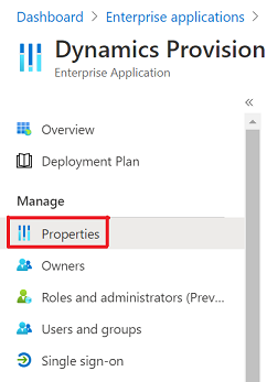 The screen on which the Properties option for Dynamics Provision is displayed.