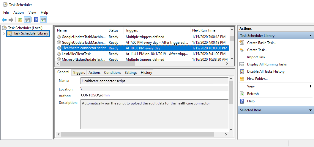 The new task for the healthcare connector script is displayed in the Task Scheduler Library.