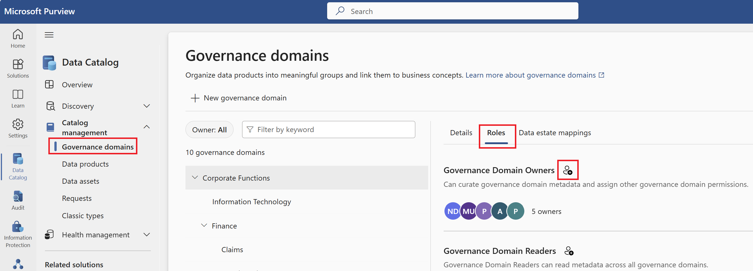 Screenshot of the governance domains roles page with the edit button highlighted.