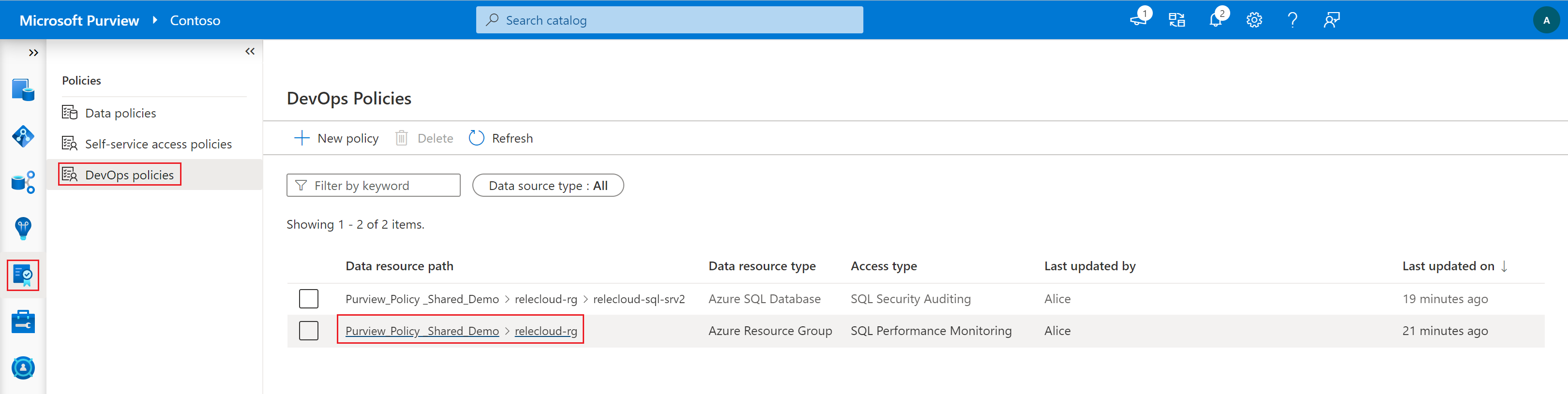 Screenshot that shows selections to open SQL DevOps policies.