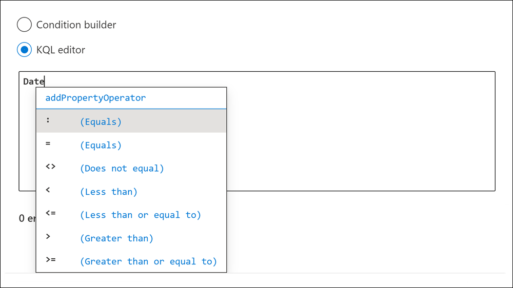 KQL editor suggests operators