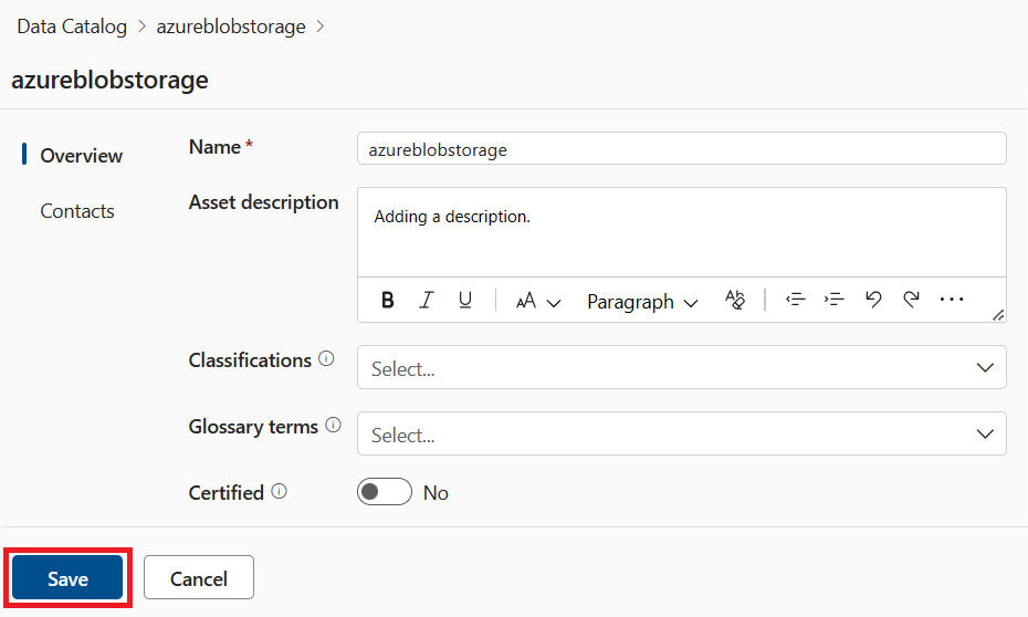 Screenshot of a data source details edit with a description added and the save button highlighted.