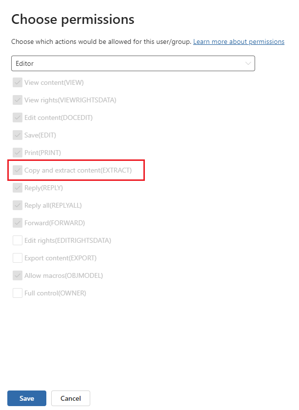 Configuration of usage rights for a sensitivity label where the permissions include EXTRACT.