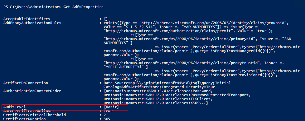 Screenshot example of the Get-AdfsProperties PowerShell command.