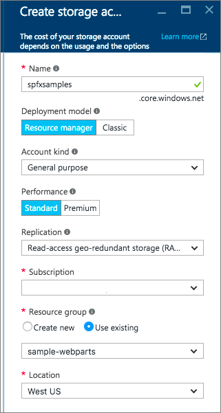 Screenshot that shows the Create a new storage account page