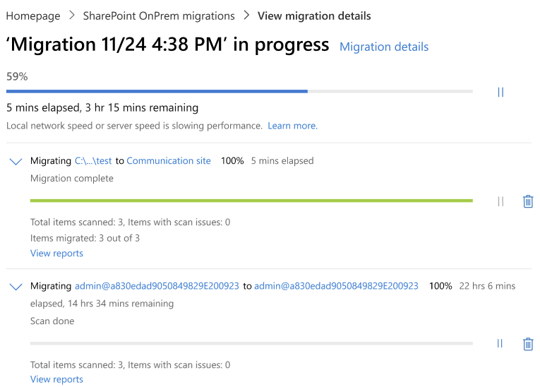 progress of migratin job and task