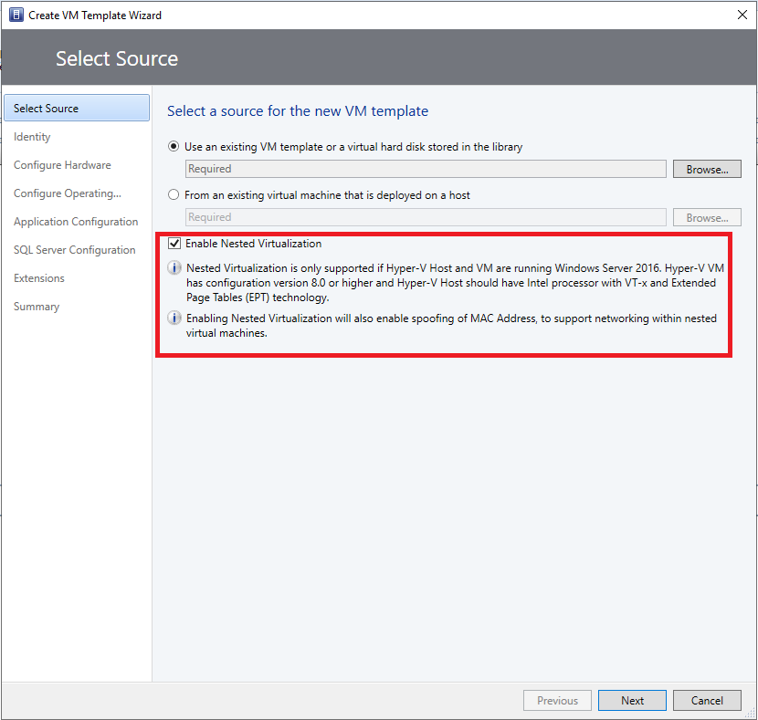 Screenshot of the enable nested virtualization through VM template.