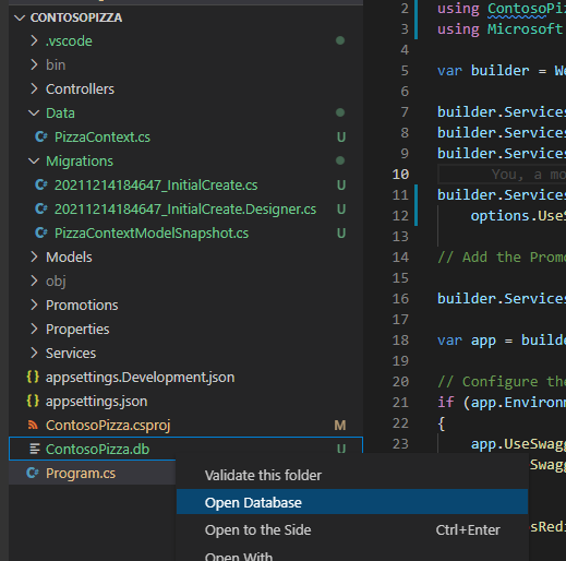 Screenshot that shows the Open Database menu option in the Visual Studio Code Explorer pane.