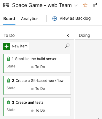 Screenshot of Azure Boards showing the initial three tasks.