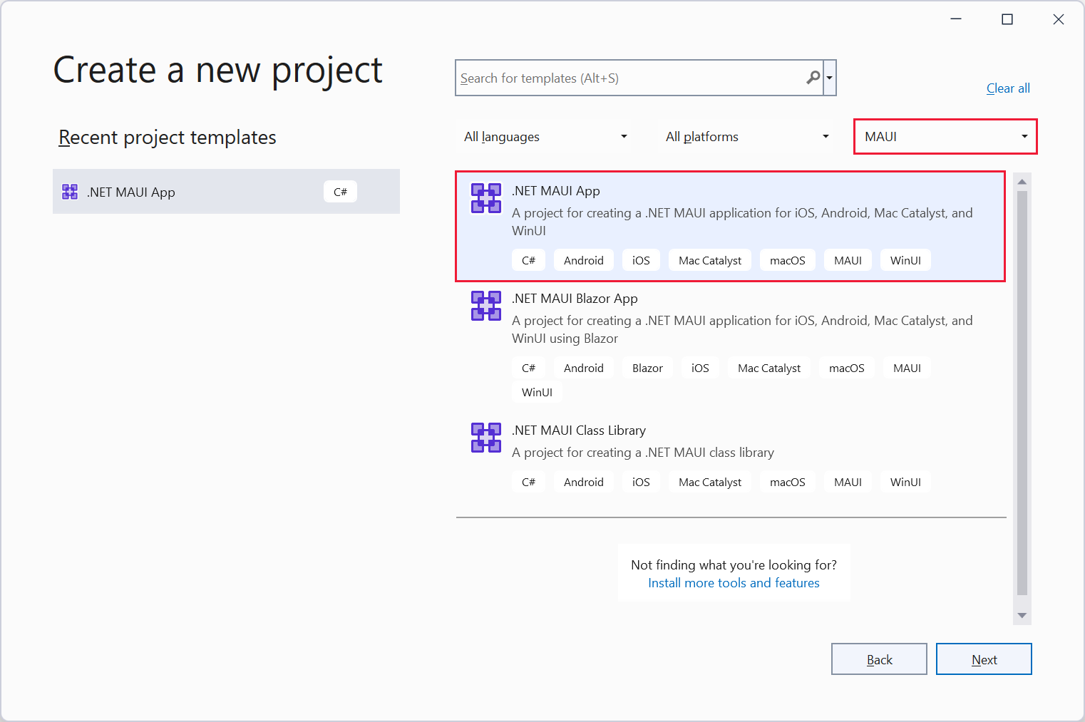 A screenshot of the Create a new project dialog box in Visual Studio. The user selects the .NET MAUI App template.