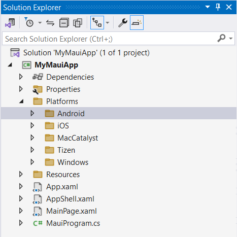 A screenshot of the solution explorer of the default structure of a new .NET MAUI solution in Visual Studio.