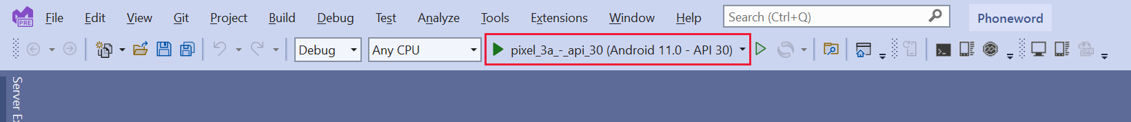 A screenshot of the Visual Studio toolbar. It shows the pixel 7 a p i 35 profile is selected and ready to start debugging with as soon as the user presses the play button.