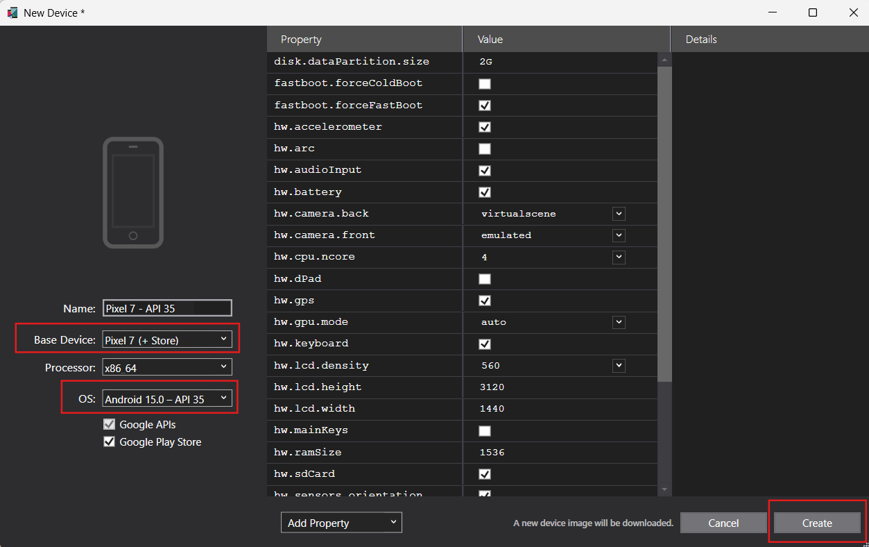 A screenshot of the New Device window from the Android SDK. The user is creating a new Pixel 7 device with API 35 selected.