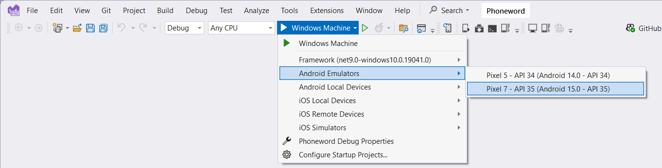 A screenshot of the Visual Studio toolbar. The user specified the Pixel 7 with the API 35 profile for the Android emulator to start debugging with.