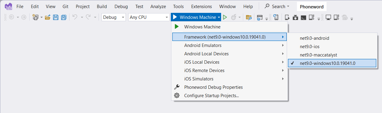 A screenshot of the target runtime dropdown in Visual Studio. The user sets the Windows Machine profile as the startup profile for the solution.