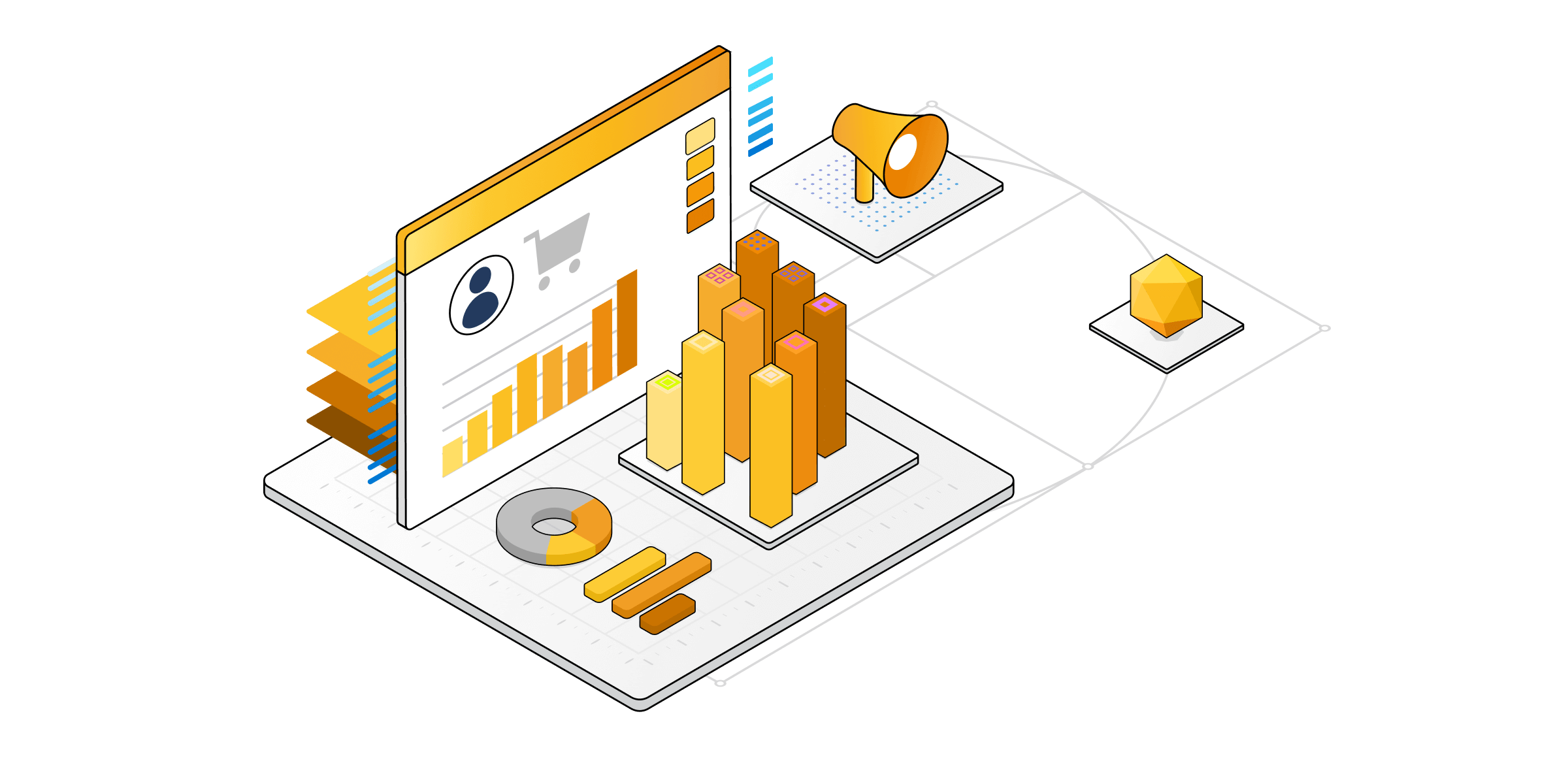 An isometric illustration of technical components for commerce services.