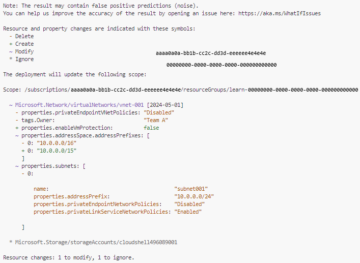Screenshot of the Azure CLI showing the output from the what-if operation.