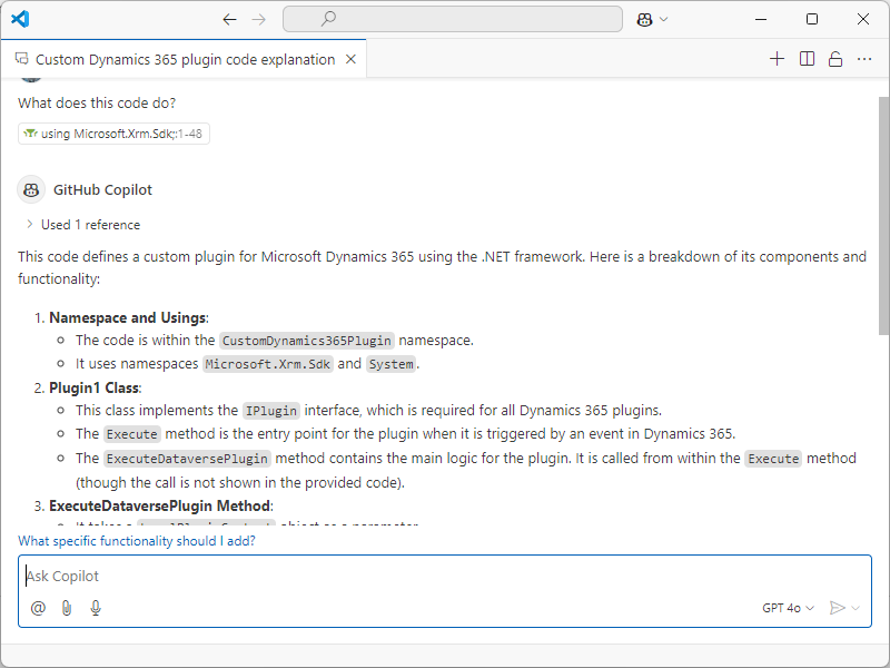 Screenshot showing GitHub Copilot chat.