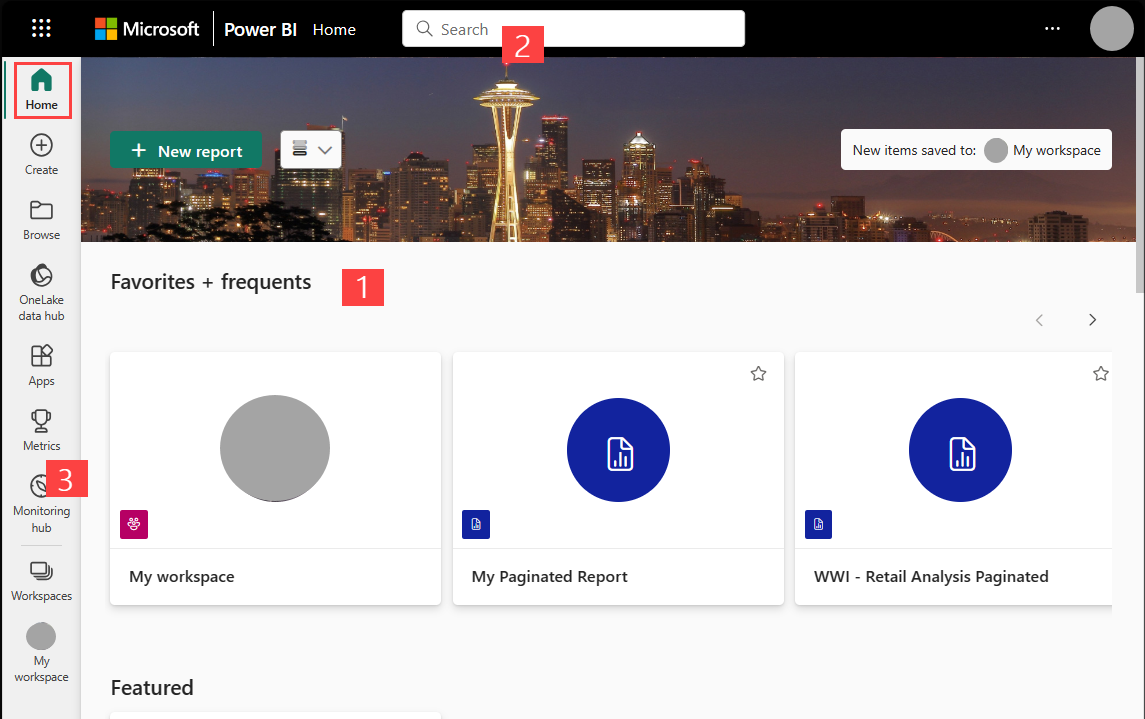 Screenshot that shows the Power BI Home canvas.