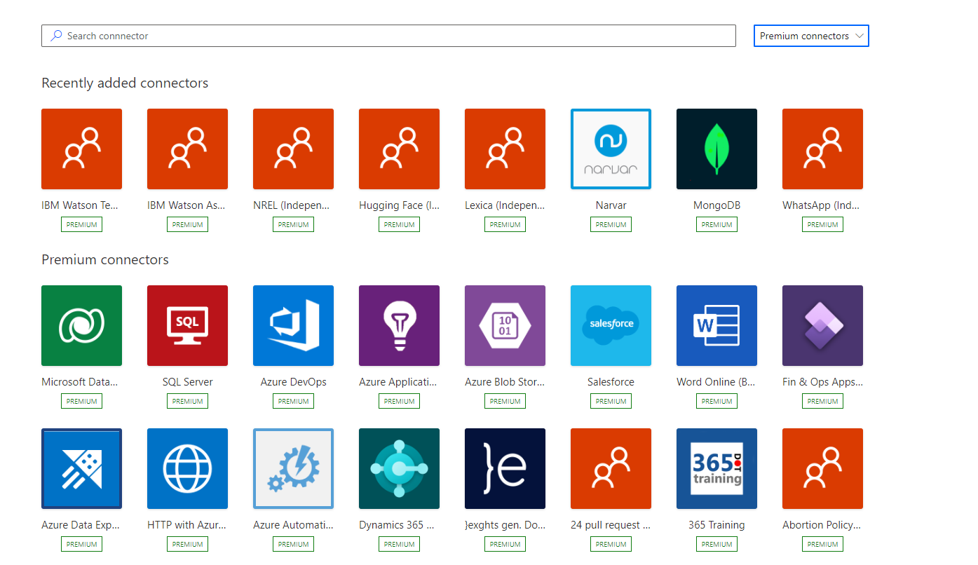 Screenshot of available premium connectors.