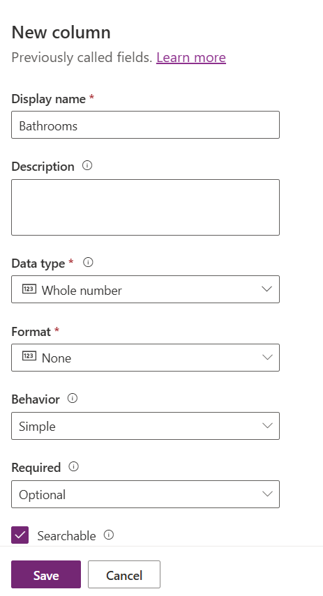 Screenshot of the New column screen configured based on the instructions in step 16.