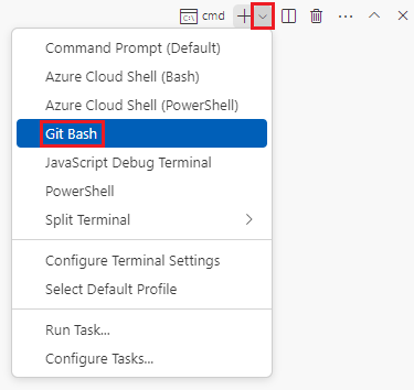 Screenshot of the Visual Studio Code terminal window, with the terminal shell dropdown shown and Git Bash Default selected.