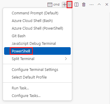 Screenshot of the Visual Studio Code terminal window, with the terminal shell dropdown list shown and PowerShell selected.