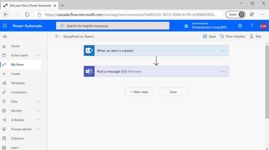 Screenshot of the Power Automate example flow.