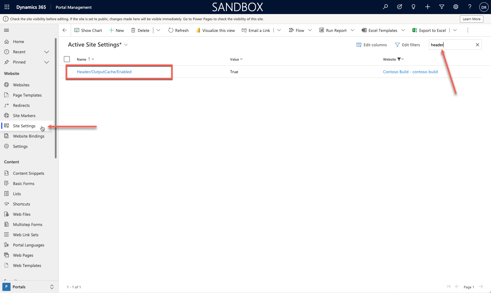 Screenshot of the Portal Management app with Site Settings selected and the Header OutputCache Enabled setting located.