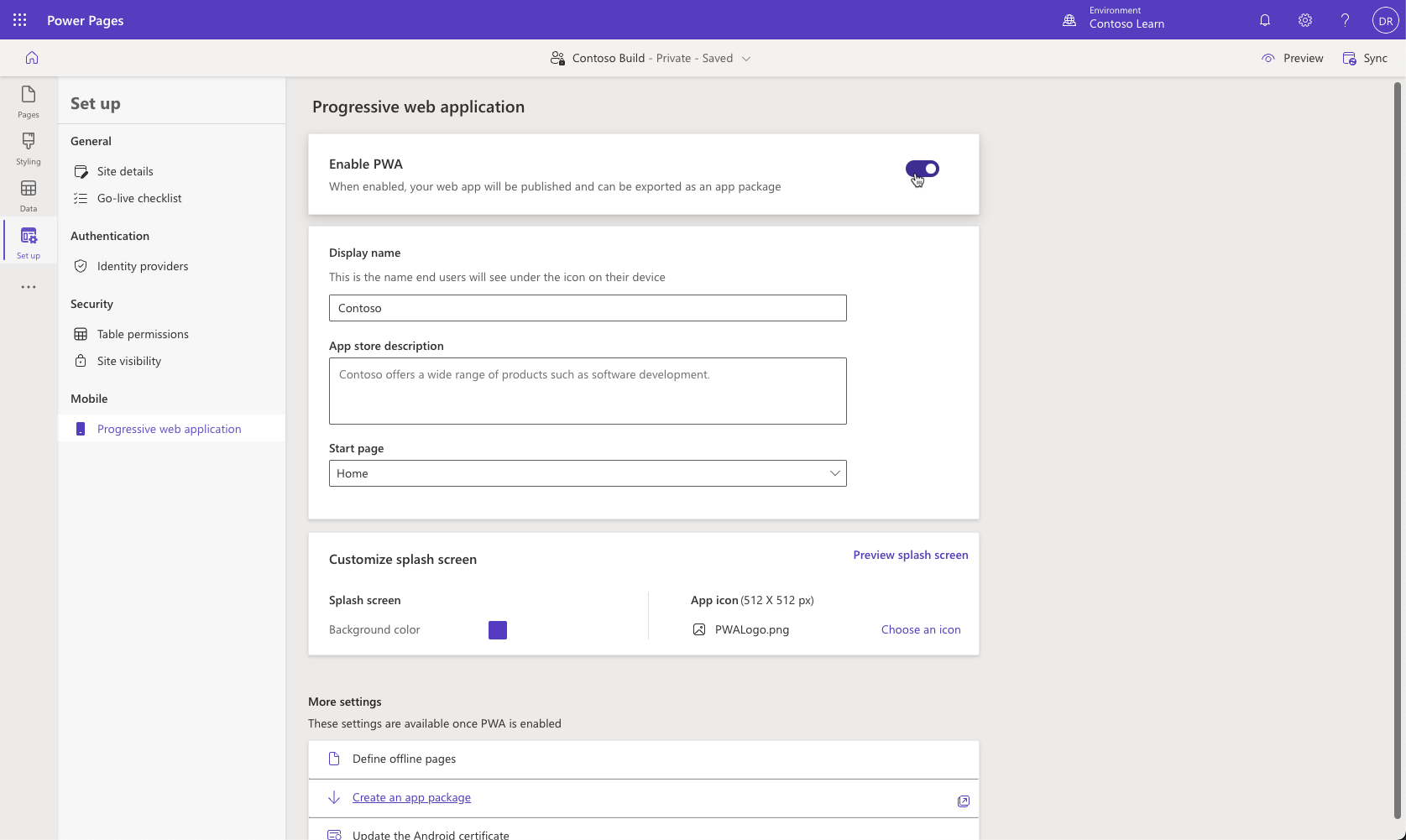 Screenshot of the Progressive web application setup in Power Pages design studio.